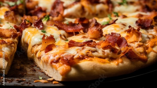 Extreme close-up of a Chicken Bacon BBQ Ranch Pizza showcasing layers of flavor