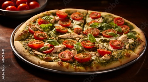 Freshly baked Chicken Pesto Pizza featuring vibrant cherry tomatoes and basil leaves