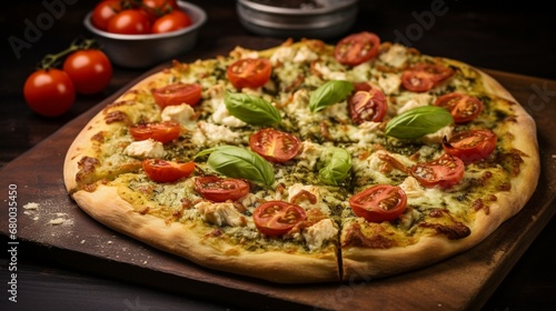 Freshly baked Chicken Pesto Pizza featuring vibrant cherry tomatoes and basil leaves