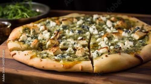 Gourmet Chicken and Blue Cheese Pesto Pizza, focusing on the bold flavors of blue cheese