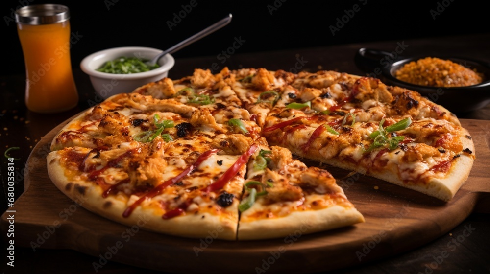 hai Chicken Pizza with a drizzle of spicy Sriracha sauce, creating a visually dynamic and flavorful image.