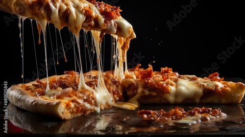 High-contrast shot of a pizza being pulled apart  showcasing the stringy goodness of melted cheese and flavorful toppings.