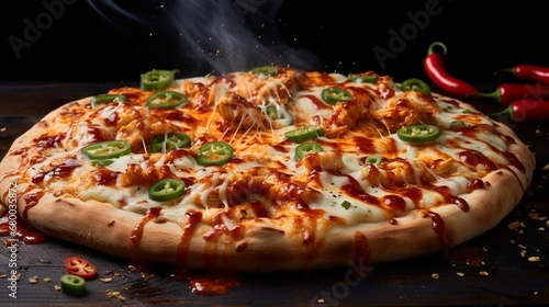 hai Chicken Pizza with a drizzle of spicy Sriracha sauce, creating a visually dynamic and flavorful image.