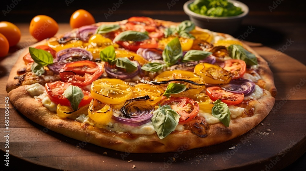 Indulge in the visual delight of a California Veggie Pizza, a culinary canvas adorned with sun-kissed tomatoes, basil, and more.