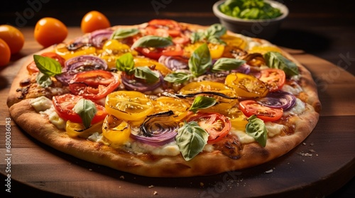 Indulge in the visual delight of a California Veggie Pizza, a culinary canvas adorned with sun-kissed tomatoes, basil, and more.