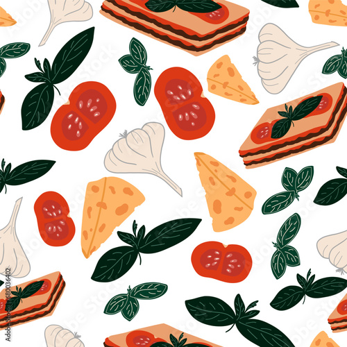 Italian pasta lasagna garlic tomato and basil seamless pattern hand drawn