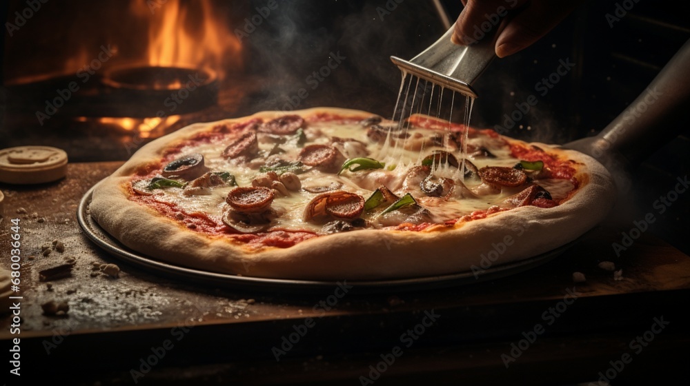 Moody capture of a pizza being pulled from the oven, emphasizing the steam and the crackling sound of its perfectly baked crust.