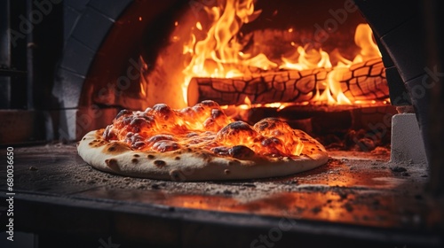 Moody shot of a pizza oven's fiery interior, casting an orange glow on the bubbling cheese of a baking Sicilian pizza.