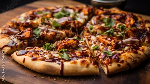 Mouthwatering close-up of a BBQ chicken pizza, showcasing the perfect marriage of flavors with a spotlight on the gooey cheese, charred chicken, and smoky barbecue notes.