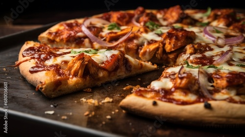 Mouthwatering close-up of a BBQ chicken pizza  showcasing the perfect marriage of flavors with a spotlight on the gooey cheese  charred chicken  and smoky barbecue notes.