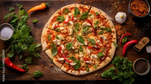 Overhead shot of a Thai Chicken Pizza on a wooden table, surrounded by Thai spices and herbs, creating a thematic setting.