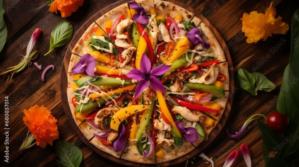 Overhead shot of a Thai Chicken Pizza with artful arrangements of colorful vegetables, creating a visually appealing composition.