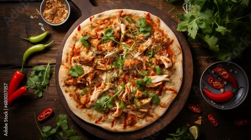Overhead shot of a Thai Chicken Pizza on a wooden table, surrounded by Thai spices and herbs.