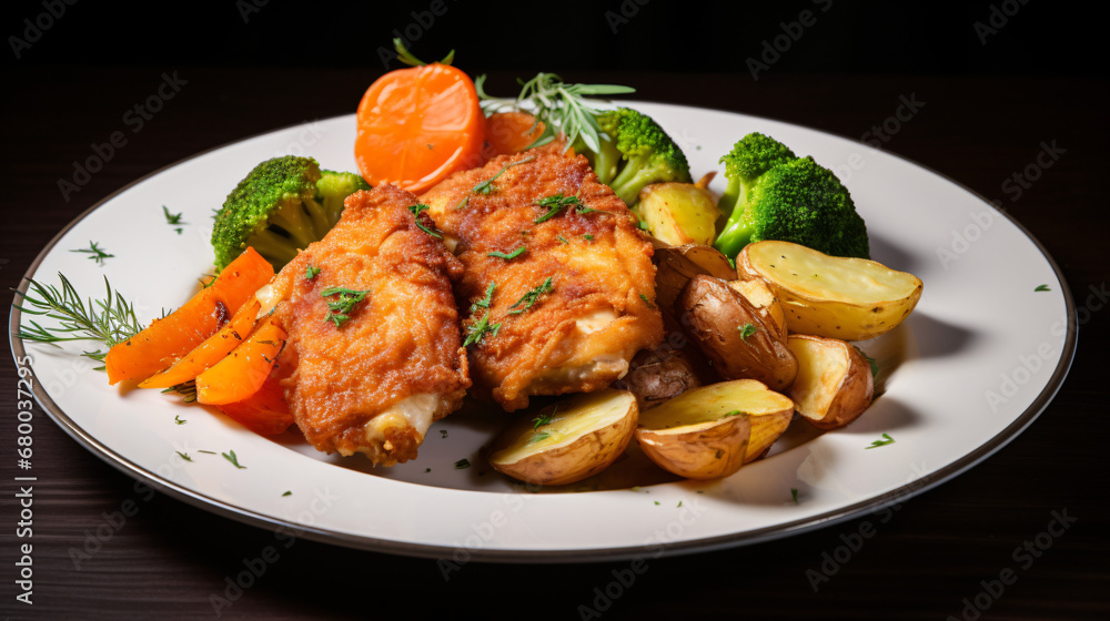 On a plate fried chicken with vegetables and potatoes