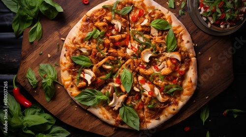 Overhead shot of Thai Chicken Pizza with a creative arrangement of Thai basil, adding a burst of freshness to the image.
