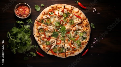 Overhead shot of Thai Chicken Pizza with creative lighting, emphasizing its delicious and tempting qualities.