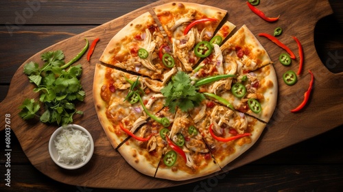Overhead view of a Thai Chicken Pizza on a stylish serving board, ready to be enjoyed.