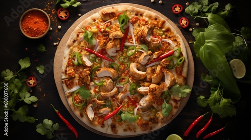 Overhead view of a Thai Chicken Pizza with creative lighting, creating a visually dynamic and appetizing scene.