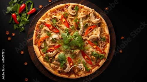 Overhead view of a Thai Chicken Pizza on a black background, emphasizing its vibrant and appetizing appearance.