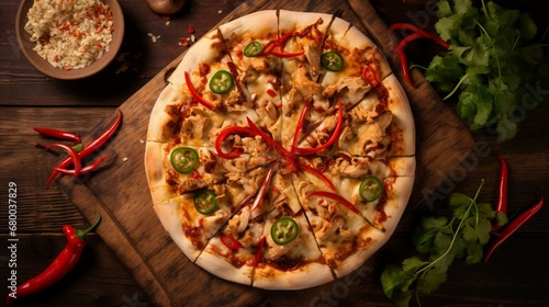 Overhead view of a Thai Chicken Pizza on a rustic wooden table, creating a warm and inviting atmosphere.