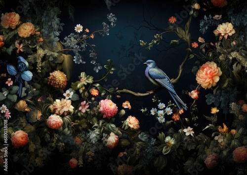 A work of art depicting birds perched on arrangements of flowers and blossoms