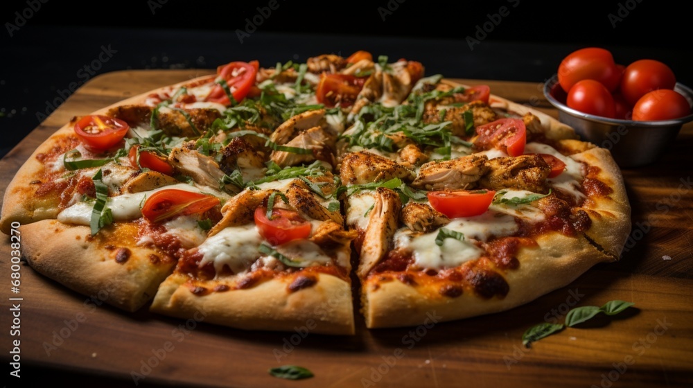 Rustic Chicken Margherita Pizza capturing the essence of tomatoes, mozzarella, and basil