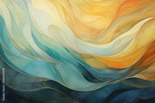 Abstract ocean wave with sun and sky, curvy lines and fluid swirls. Happy blue, yellow pastel colors summer sky vacation travel background, watercolor graphic resource. Copy space, backdrop for text