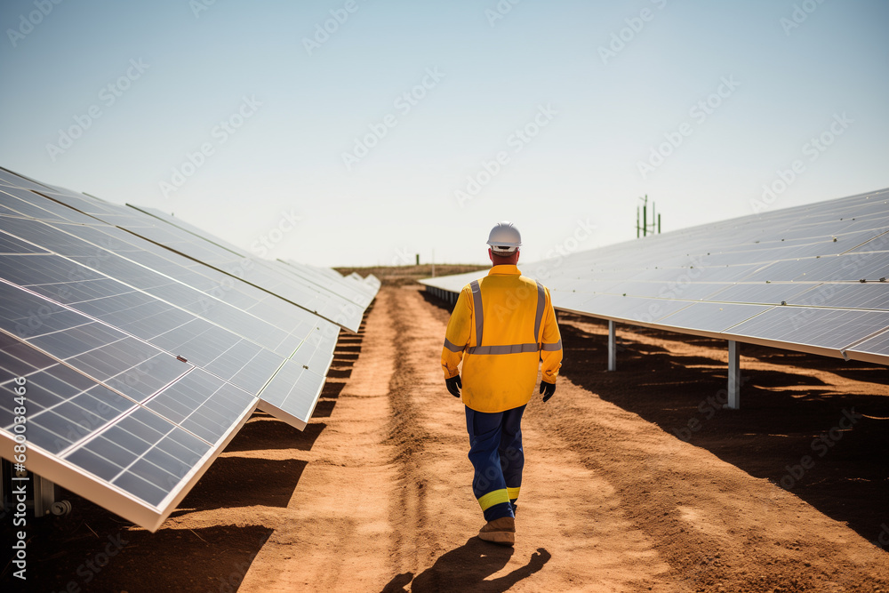 Worker man walking between solar panels on solar farm. Concept of renewable, green energy and sustainability.