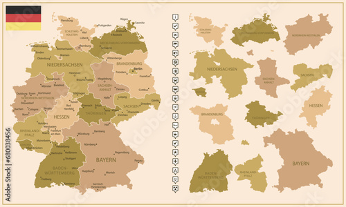 Germany - detailed map of the country in brown colors, divided into regions.