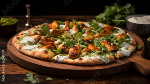 Savory Chicken Tikka and Cilantro Yogurt Pizza, capturing the bold flavors of Indian spices