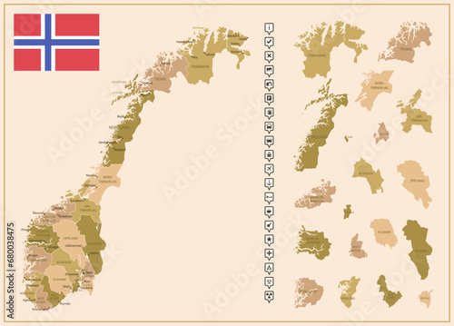 Norway - detailed map of the country in brown colors, divided into regions.