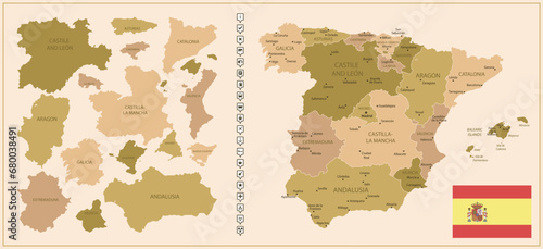 Spain - detailed map of the country in brown colors, divided into regions.