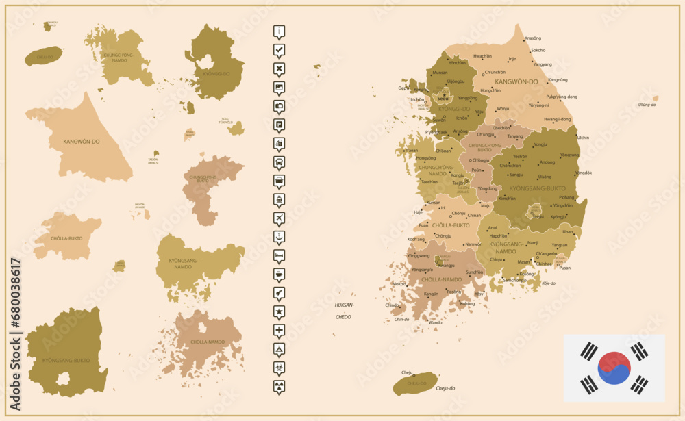 South Korea - detailed map of the country in brown colors, divided into ...