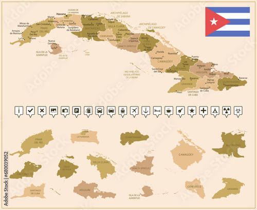Cuba - detailed map of the country in brown colors, divided into regions.