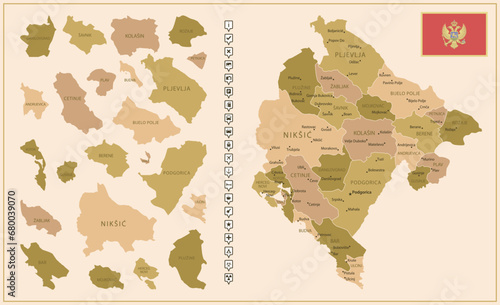 Montenegro - detailed map of the country in brown colors, divided into regions.