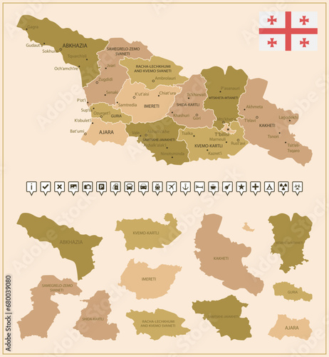 Georgia - detailed map of the country in brown colors, divided into regions.