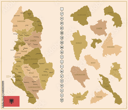 Albania - detailed map of the country in brown colors, divided into regions.