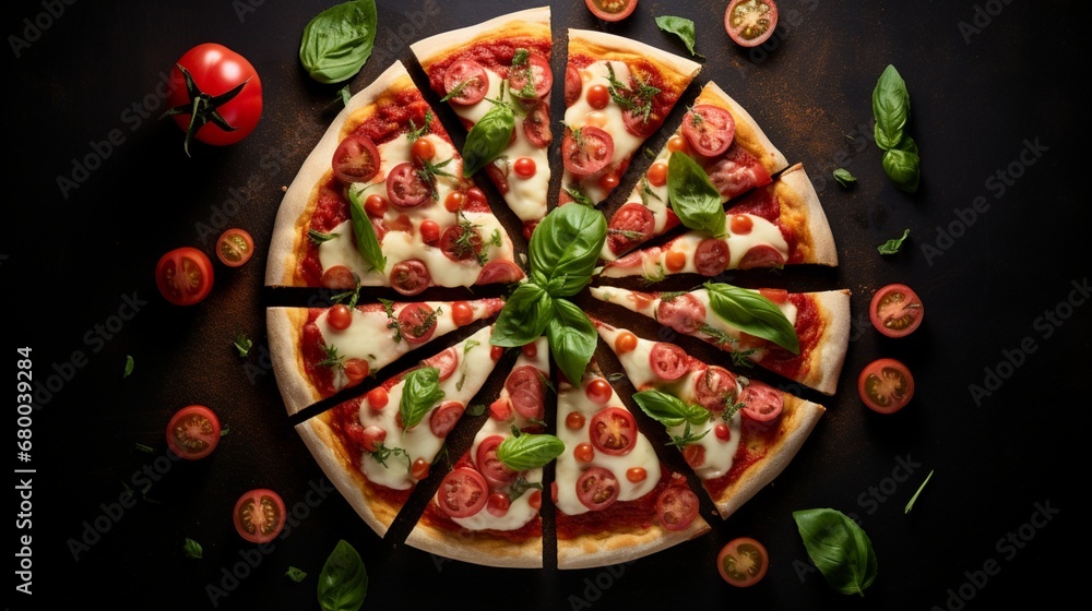 Symmetrical composition of a Margherita pizza, cut into precise triangles, creating a visually pleasing arrangement.