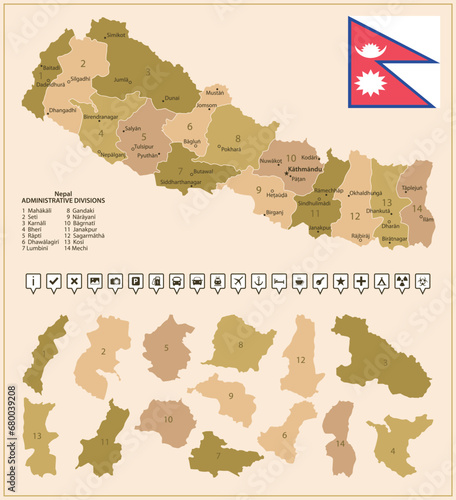 Nepal - detailed map of the country in brown colors, divided into regions.