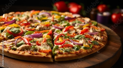 Supreme Chicken Veggie Pizza showcasing a colorful array of fresh vegetables