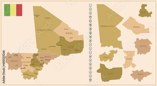 Mali - detailed map of the country in brown colors, divided into regions.