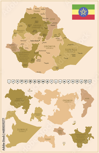 Ethiopia - detailed map of the country in brown colors, divided into regions.