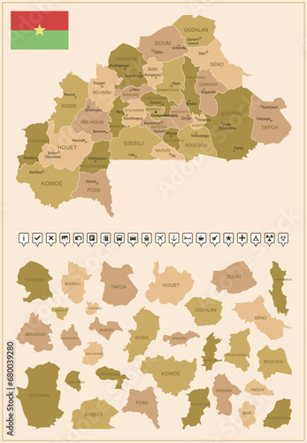 Burkina Faso - detailed map of the country in brown colors, divided into regions.