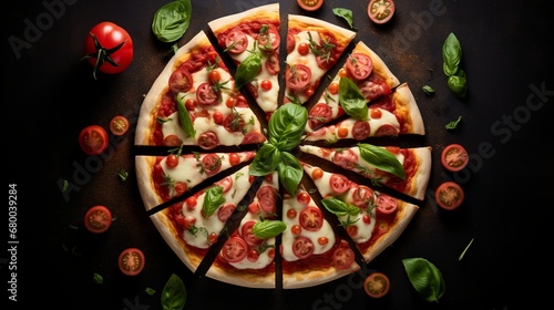 Symmetrical composition of a Margherita pizza, cut into precise triangles, creating a visually pleasing arrangement.