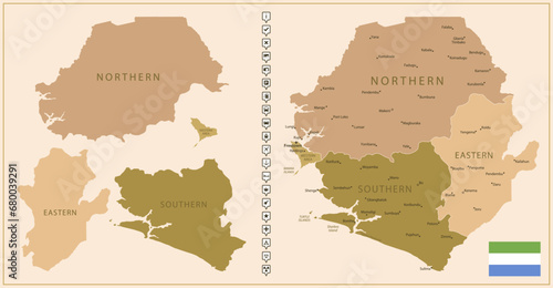 Sierra Leone - detailed map of the country in brown colors, divided into regions.