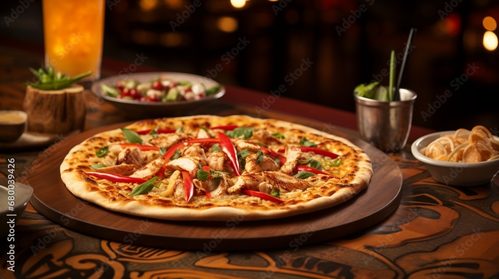 Thai Chicken Pizza against a backdrop of Thai-inspired decor, incorporating cultural elements into the composition.