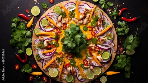 Thai Chicken Pizza arranged in a circular pattern with colorful ingredients radiating outwards, creating a visually striking image.