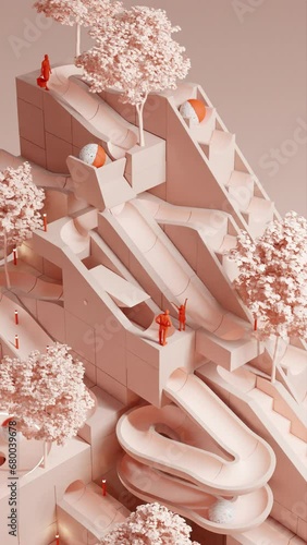 Artistic marble run machine with miniature people figures and trees. Satisfying rolling ball sculpture. 3d animation