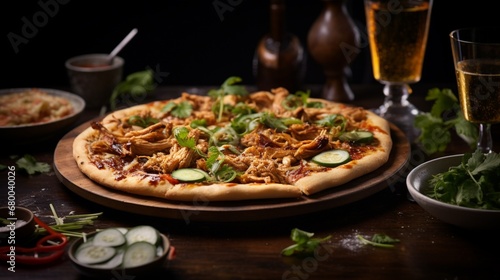 Thai Chicken Pizza on a stylish dinner table with elegant cutlery, creating a sophisticated and appetizing scene.