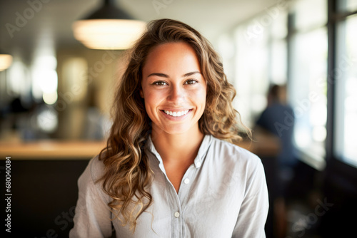 Smiling young woman standing at blurred office background © maribom